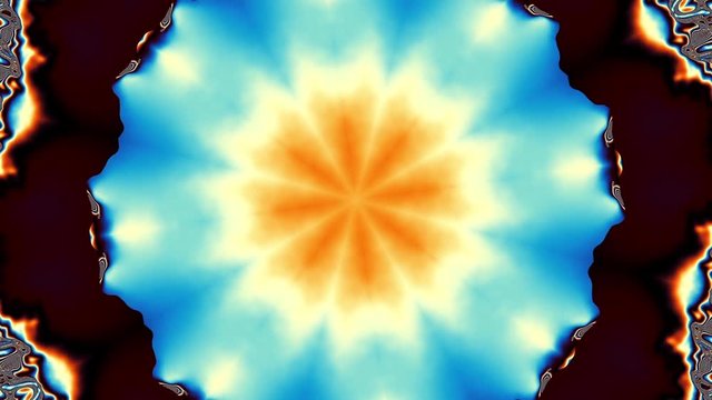 Moving and spinning mandala ornament. Seamless loop abstract motion background. Cosmic flower unfolding.