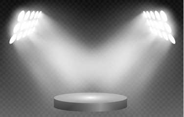 Round podium illuminated by spotlights on transparent background. Vector illustration.