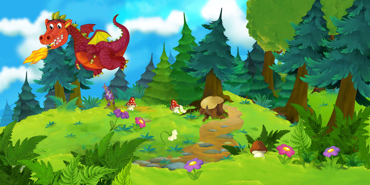 cartoon background of a dragon in the forest - illustration for children