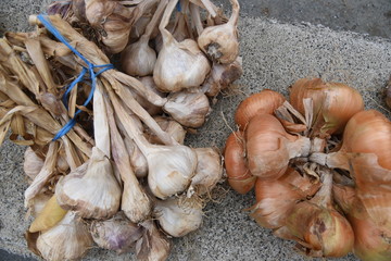 cloves of garlic and  onions