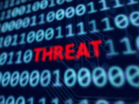 Threat red text between blue binary data on pixels screen 3D rendered with depth of field