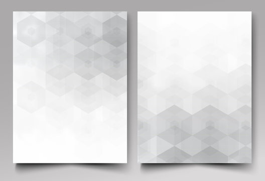 A template of the brochure design. Grey background with hexagon