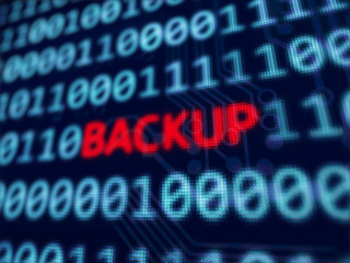 Backup red text between blue binary data background blue screen 3d rendered with depth of field