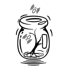 Ink doodle of jar with small tree. Vector illustration isolated on white