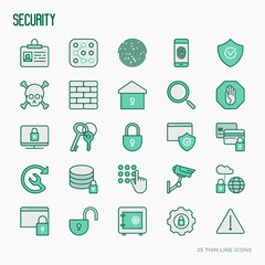 Security and protection thin line icons: data, surveillance camera, finger print, electronic key, password, alarm, safe. Vector illustration.