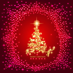 Abstract background with gold christmas tree and stars. Illustration in red and gold colors.