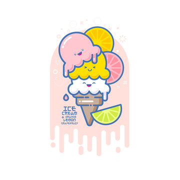 Kawaii smiled ice cream illustration. Multicolored ice cream on a cone with grapefruit, orange and lime. Japanese style picture.