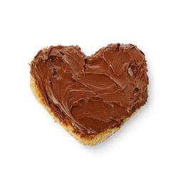 Rusk bread in the form of a heart with Chocolate Spread on Toast isolated on a white background