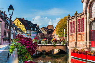 Colorful traditional french houses and shops in Colmar, Alsace, France - obrazy, fototapety, plakaty