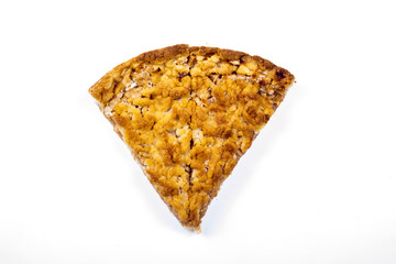 a piece of apple pie on a white background