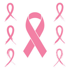 Collection of breast cancer awareness ribbon collection with chalk and ink brush design isolated on white background. Pink ribbon illustration for support, prevention and charity campaigns.