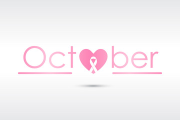 Breast cancer awareness logo and text with a pink ribbon element inside a heart icon. Modern style illustration for breast cancer preventions and marketing advertisements