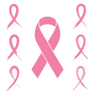 Collection of breast cancer awareness ribbon collection with chalk and ink brush design isolated on white background. Pink ribbon illustration for support, prevention and charity campaigns.