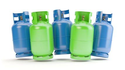 Blue and green gas bottles - obrazy, fototapety, plakaty