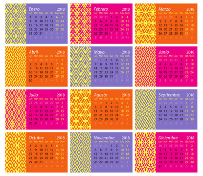 Spanish monthly calendar for 2018 with ethnic decorations