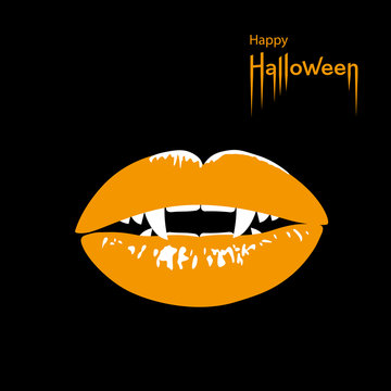 Happy Halloween card. Vampire's mouth with sharp fangs on black Halloween background. Vector Illustration