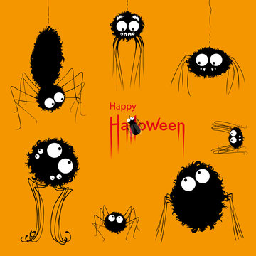 Happy Halloween card. Voracious spiders watching fly on orange Halloween background. Vector Illustration