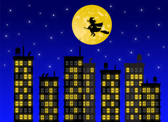 Befana che vola sopra la città di notte