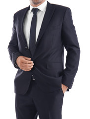 Handsome man in elegant black suit on white background