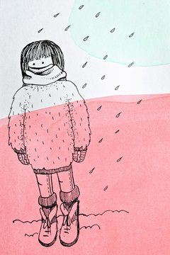 Cute lovely sad girl on rainy autumn day illustration. Cartoon ink character design for kids