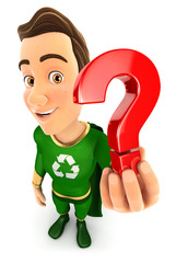 3d green hero holding a question mark icon