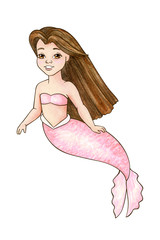 Beautiful Mermaid Girl. Pink Fairy princess. Brown-haired girl. Watercolor illustration