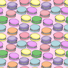 Sweet delicious watercolor pattern with macarons. Hand-drawn background. Vector illustration on pink