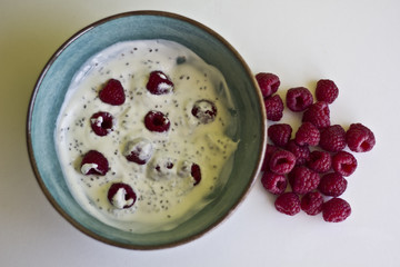 Yogurt with raspberries and chia seeds