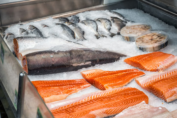 Fresh solomon fish at Besarabsky Market Kiev, Ukraine.