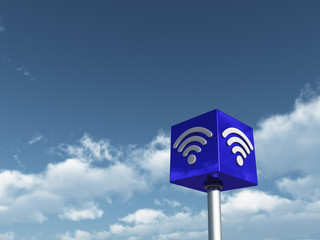 wifi symbol on cube undercloudy sky - 3d rendering