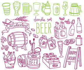 Beer and brewery doodle set. Bottles, mugs, glasses and Oktoberfest party attributes. Vector drawing isolated on white background.