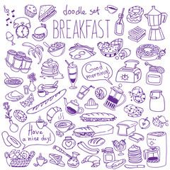 Traditional breakfast and brunch food and drinks doodle set.  Vector drawing isolated on white background.