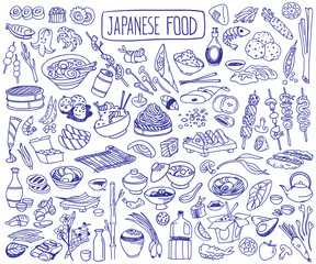 Japanese cuisine doodle set. Traditional food and drinks - sushi, noodles, ramen, udon, yakitori. Freehand vector drawing isolated on white background.