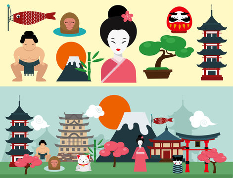 Japan landmark travel vector icons collection culture sign design elements travel time vector illustration