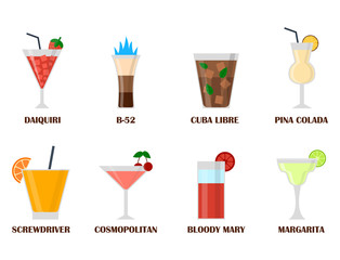 Alcohol drinks beverages cocktail lager container drunk different glasses vector illustration.