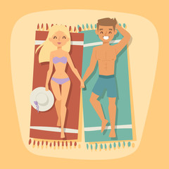 Couple people on beach outdoors summer lifestyle sunlight fun vacation happy time cartoon characters vector illustration.