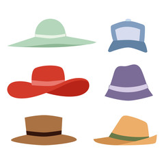 Beach accessories summer hats collection vector fashion beach travel beautiful head protection cap.