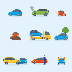 Fototapeta premium Car crash collision traffic insurance safety automobile emergency disaster and emergency repair transport vector illustration.
