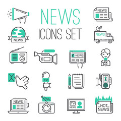 Journalism media hot tv news outline black communication and chat information online icons communicate set microphone global vector illustration.