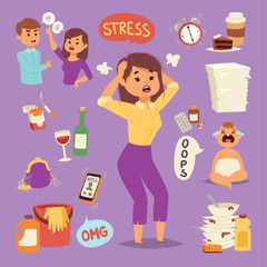 Vector illustration of funny brunette stressed woman with her hands on the head and wide opened mouth headache tired female character.