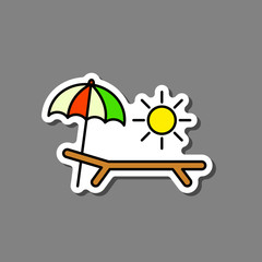 Deck-chair, sun and umbrella on a beach sticker. Relaxation, travel, vacation symbol. Vector.