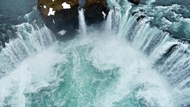 Aerial flight over Godafoss waterfall, Iceland
