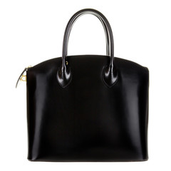 Black leather women's tote handbag on white background - Stock photo