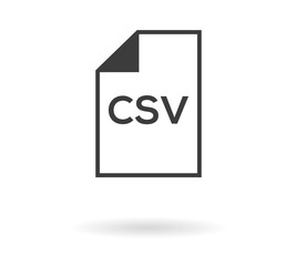 Simple greyscale icon with file and CSV text inside - can be used as button for download or upload xml file, isolated on white with shadow