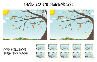 Child game - find 5 differences in pictures; with step by step solution; picture with autumn landscape during sunny day; colorful leaf