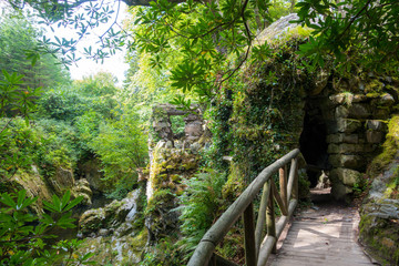 wooden bridge to hidden stone fortress in magical forest