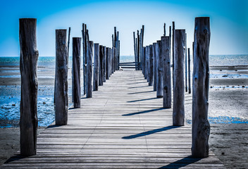 Fototapeta premium rustic wooden jetty in a low tide
