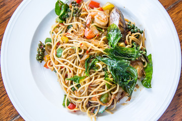 Spaghetti with Spicy Mixed Seafood, Thai Style.