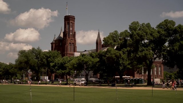 Steadicam shot of the Smithsonian Institution Castle Museum panning to the US Capital on a beautiful late spring day.