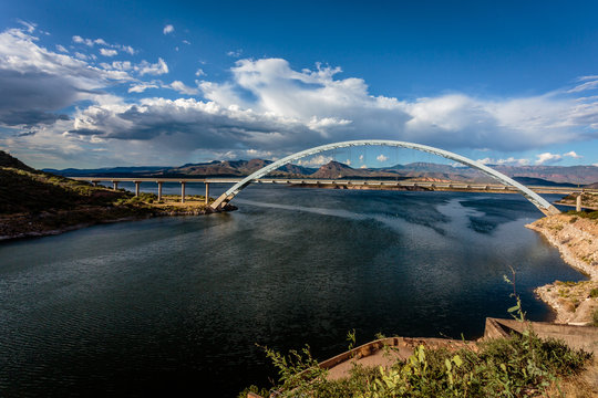 Roosevelt Lake Bridge frames the distant desert mountains. Near Globe, Arizona.